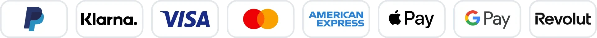 Zahlungsmethoden: PayPal, Klarna, Visa, Mastercard, American Express, Apple Pay, Google Pay, Revolut